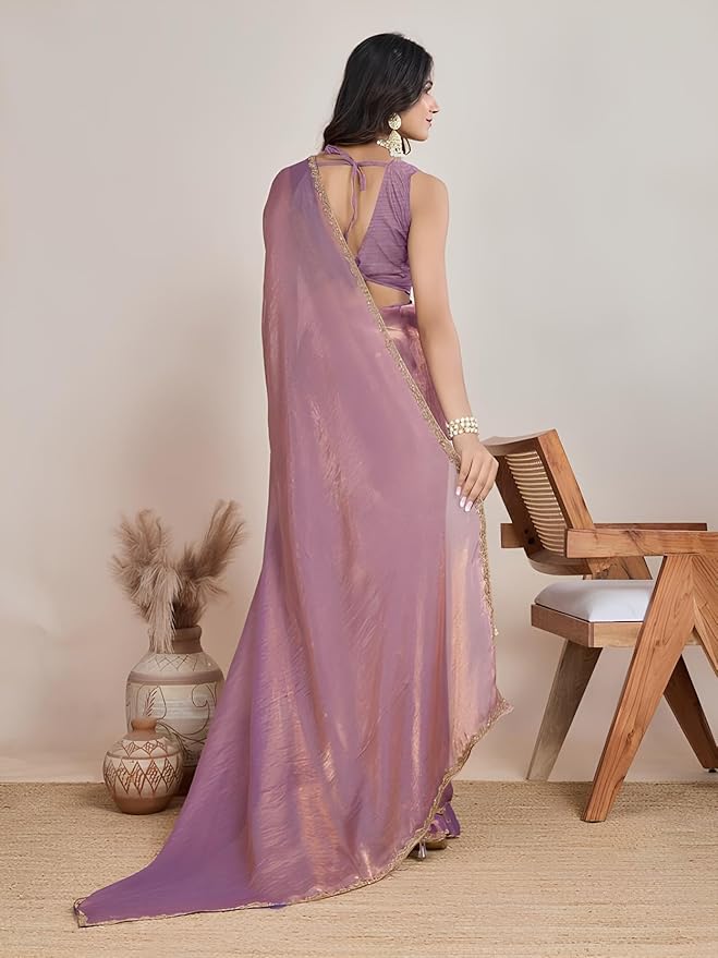 Mauve Women’s Soft Fandy Silk Saree with Hand Work Lace Border and Unstitched Blouse Piece - Image 4