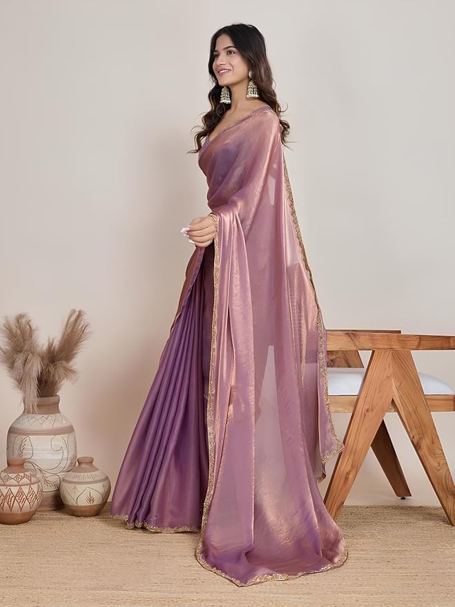 Mauve Women’s Soft Fandy Silk Saree with Hand Work Lace Border and Unstitched Blouse Piece - Image 3