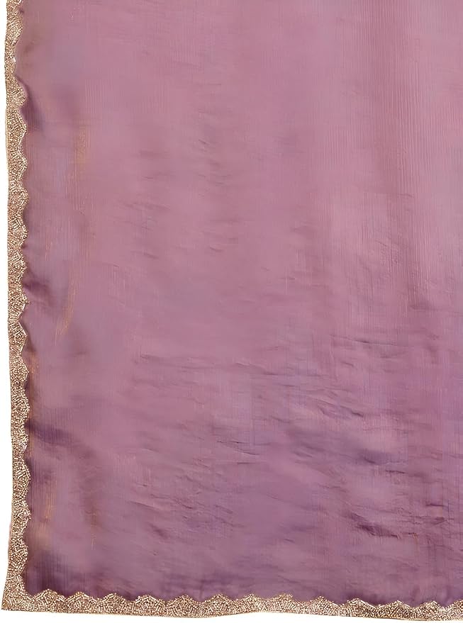 Mauve Women’s Soft Fandy Silk Saree with Hand Work Lace Border and Unstitched Blouse Piece - Image 2