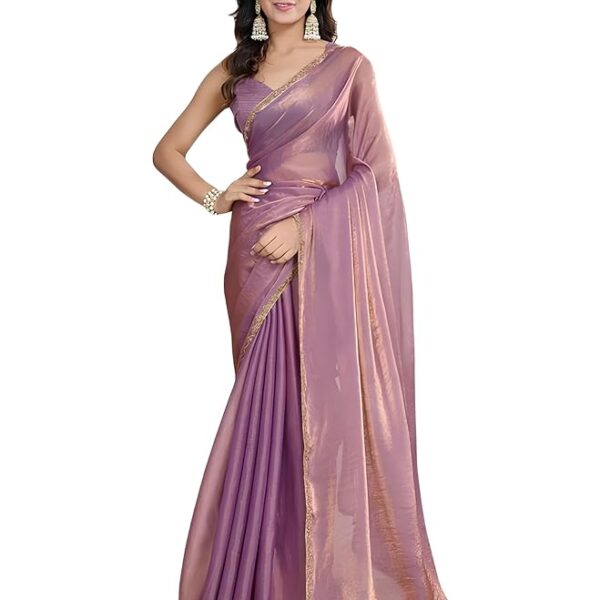 Mauve Women’s Soft Fandy Silk Saree with Hand Work Lace Border and Unstitched Blouse Piece