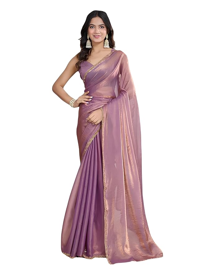 Mauve Women’s Soft Fandy Silk Saree with Hand Work Lace Border and Unstitched Blouse Piece