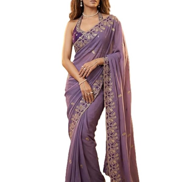 Purple Embroidered Georgette Saree for Women with Designer Blouse Piece