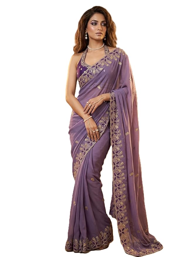 Purple Embroidered Georgette Saree for Women with Designer Blouse Piece