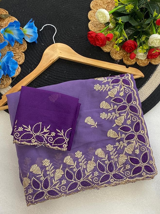 Purple Embroidered Georgette Saree for Women with Designer Blouse Piece - Image 3