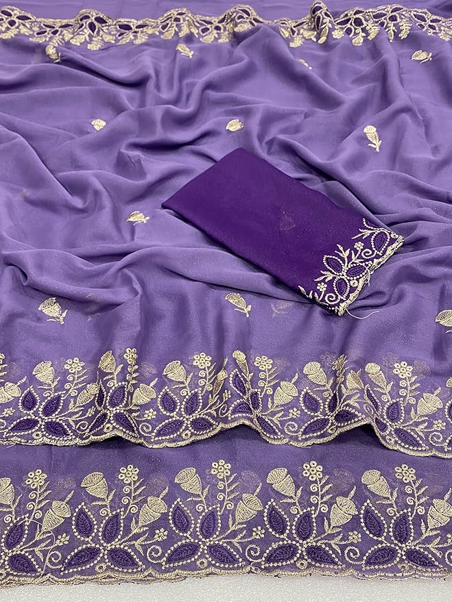 Purple Embroidered Georgette Saree for Women with Designer Blouse Piece - Image 4