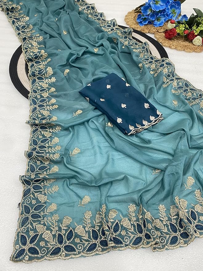 Teal Embroidered Georgette Saree for Women with Designer Blouse Piece - Image 4