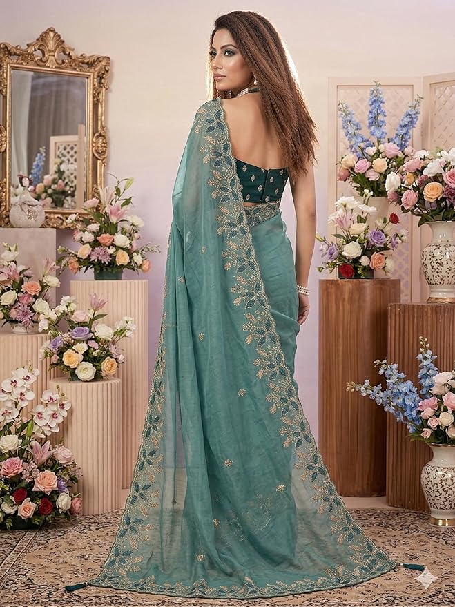 Teal Embroidered Georgette Saree for Women with Designer Blouse Piece - Image 6