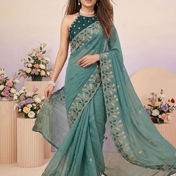Teal Embroidered Georgette Saree for Women with Designer Blouse Piece