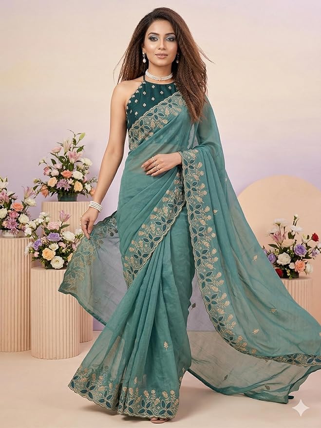Teal Embroidered Georgette Saree for Women with Designer Blouse Piece