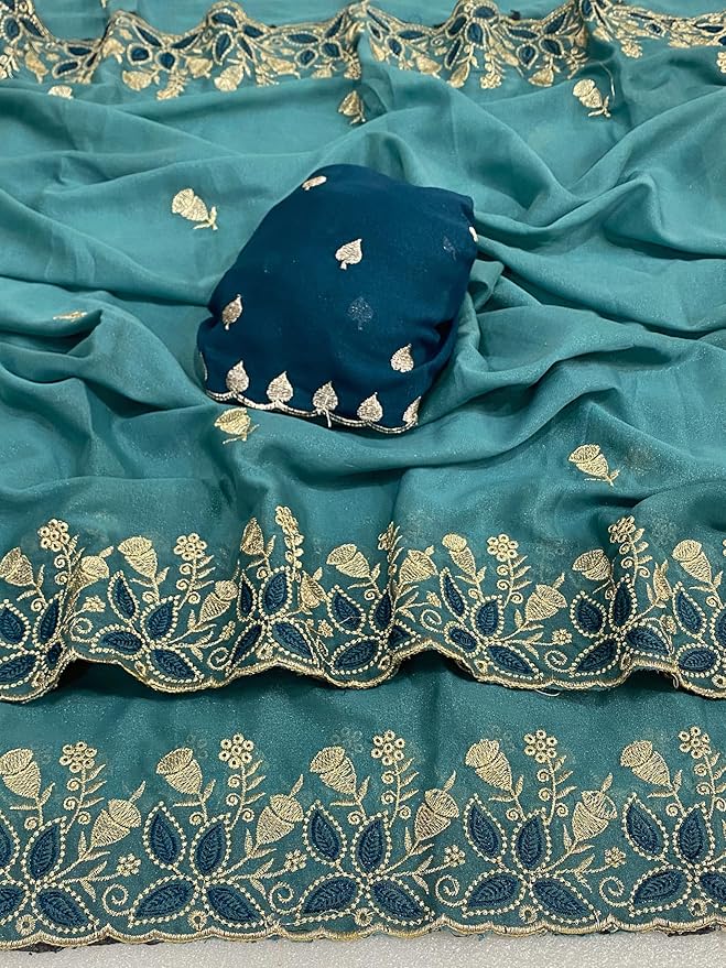 Teal Embroidered Georgette Saree for Women with Designer Blouse Piece - Image 3