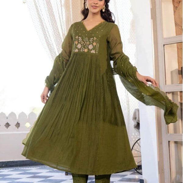 Green Women Embroidery Solid Anarkali Kurta and Pant Set with Dupatta – Sizes S to 5XL