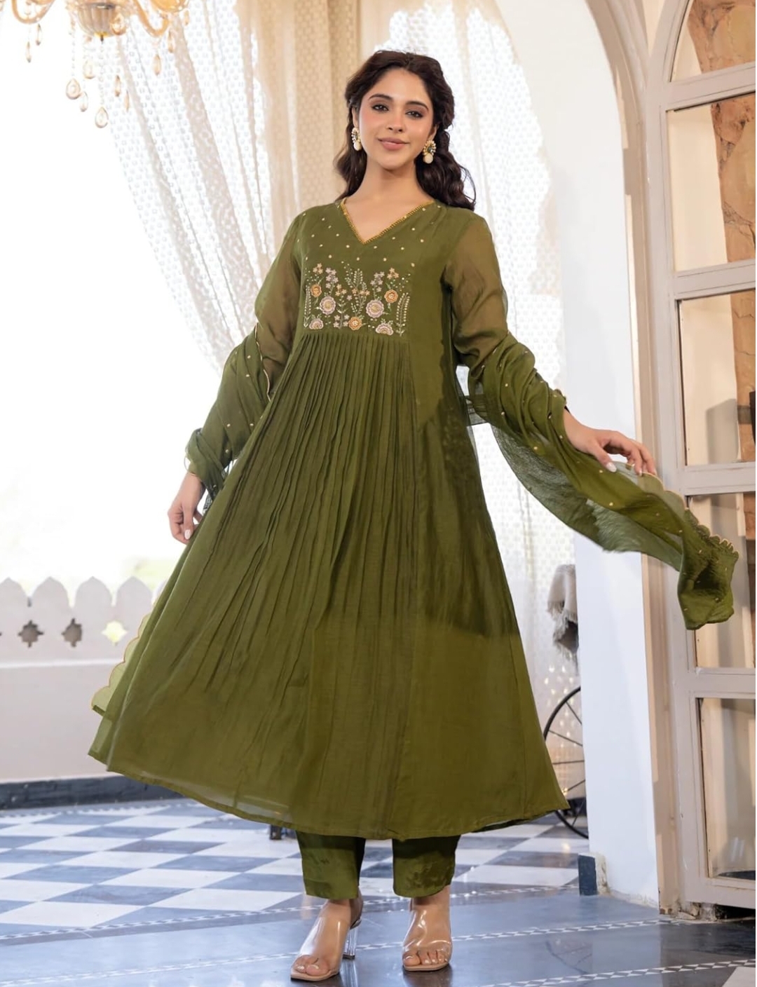 Green Women Embroidery Solid Anarkali Kurta and Pant Set with Dupatta – Sizes S to 5XL