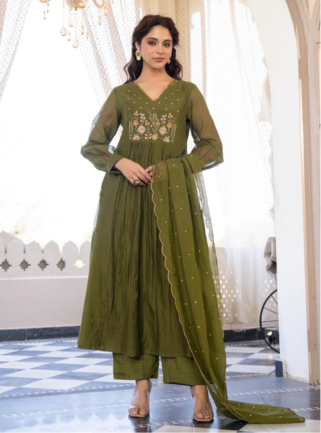 Green Women Embroidery Solid Anarkali Kurta and Pant Set with Dupatta – Sizes S to 5XL - Image 5