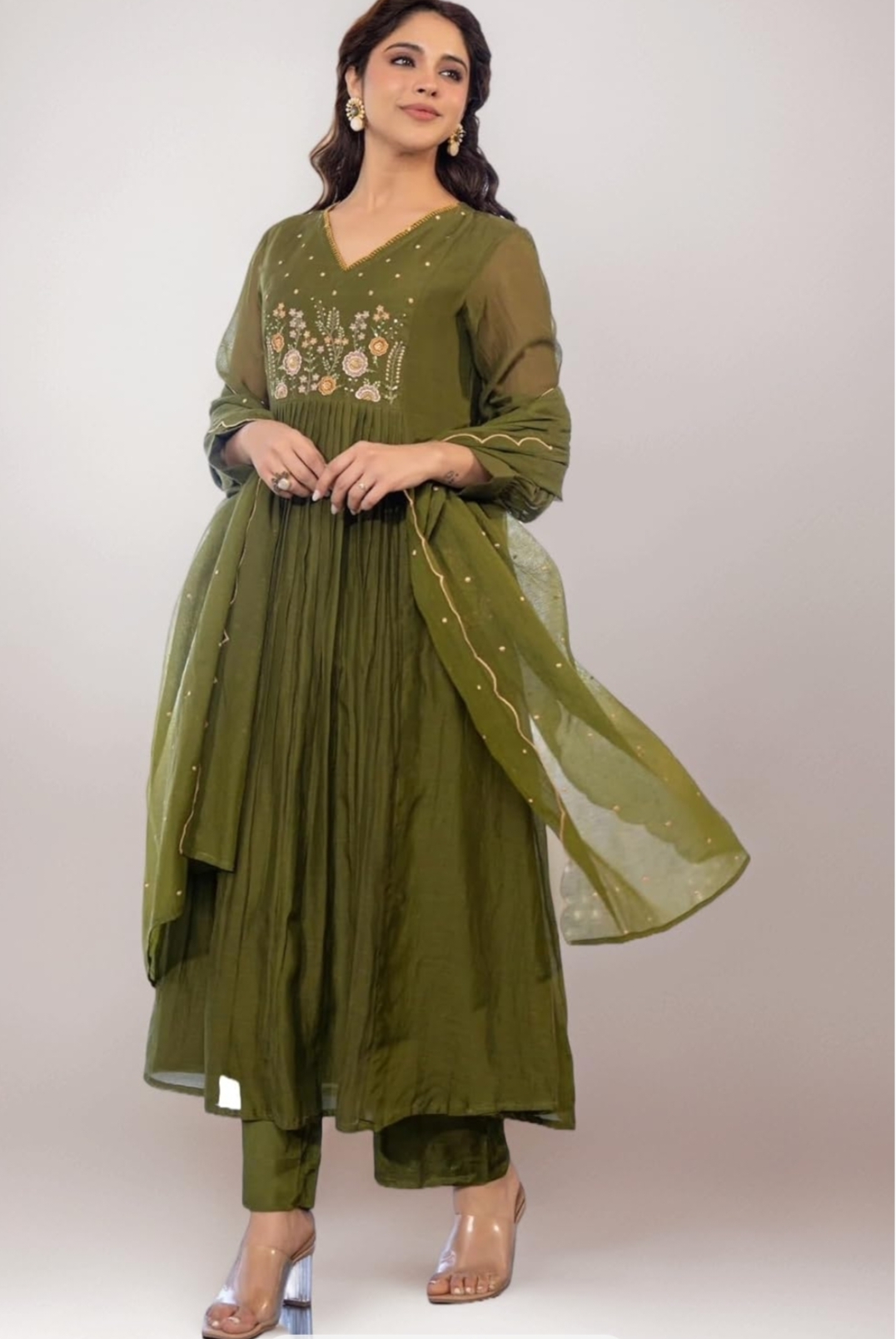 Green Women Embroidery Solid Anarkali Kurta and Pant Set with Dupatta – Sizes S to 5XL - Image 2