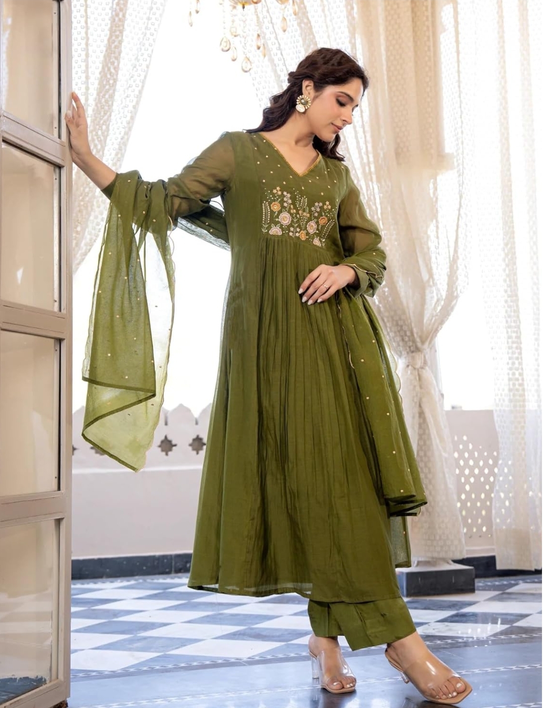 Green Women Embroidery Solid Anarkali Kurta and Pant Set with Dupatta – Sizes S to 5XL - Image 3