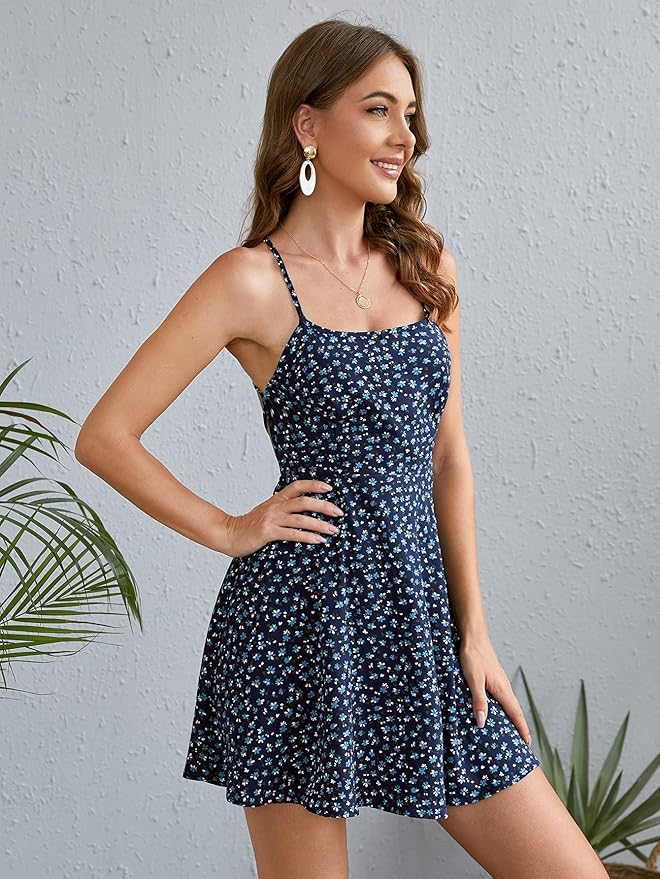Women's Dark Blue Fit and Flare Midi Dress – Sleeveless Square Neck, Sizes XS to L - Image 3