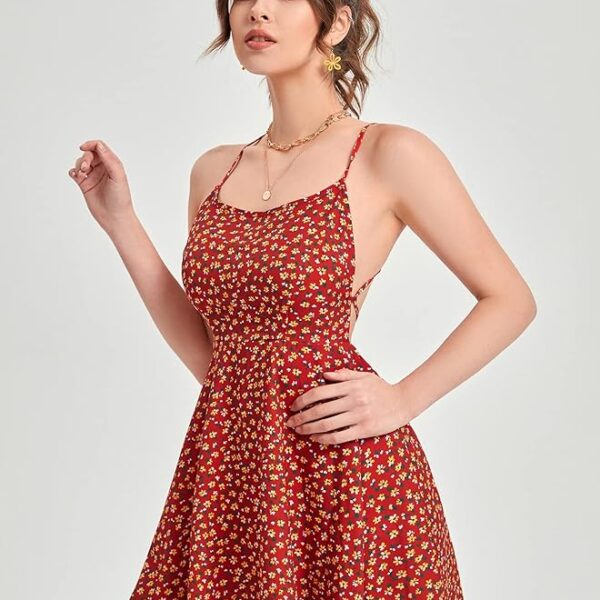 Women's Dark Red Fit and Flare Backless Midi Dress – Sleeveless Square Neck, Sizes XS to L