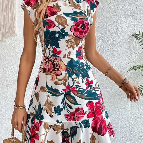 Women's White Floral Print Cap Sleeve Ruffle Trim Short Dress – Sizes XS to XL