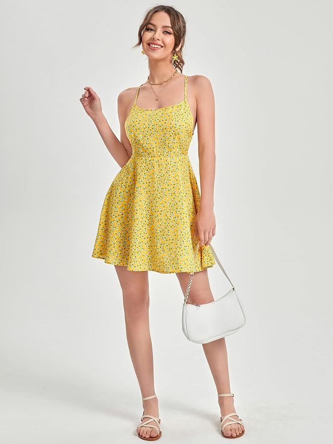 Women's Yellow Fit and Flare Midi Dress – Sleeveless Square Neck, Sizes XS to L - Image 2