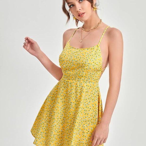 Women's Yellow Fit and Flare Midi Dress – Sleeveless Square Neck, Sizes XS to L