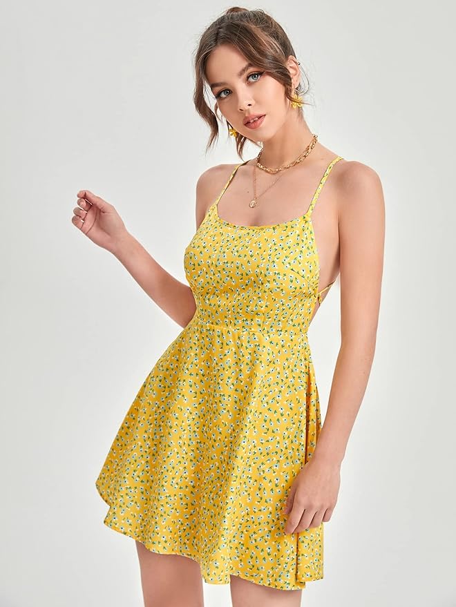 Women's Yellow Fit and Flare Midi Dress – Sleeveless Square Neck, Sizes XS to L