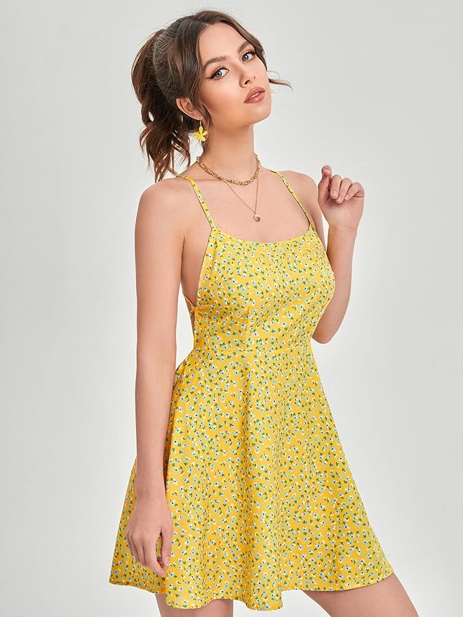 Women's Yellow Fit and Flare Midi Dress – Sleeveless Square Neck, Sizes XS to L - Image 4