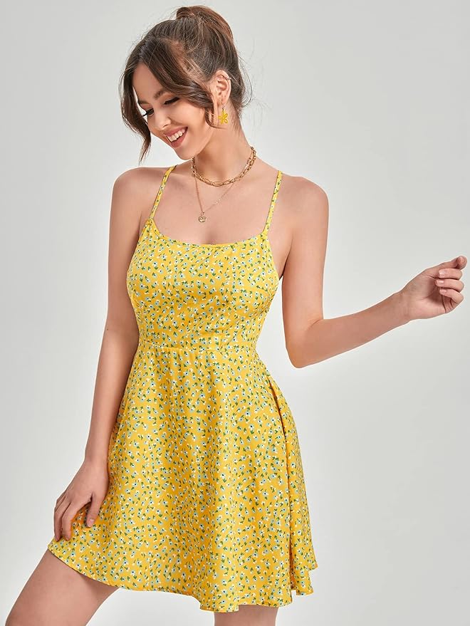 Women's Yellow Fit and Flare Midi Dress – Sleeveless Square Neck, Sizes XS to L - Image 3