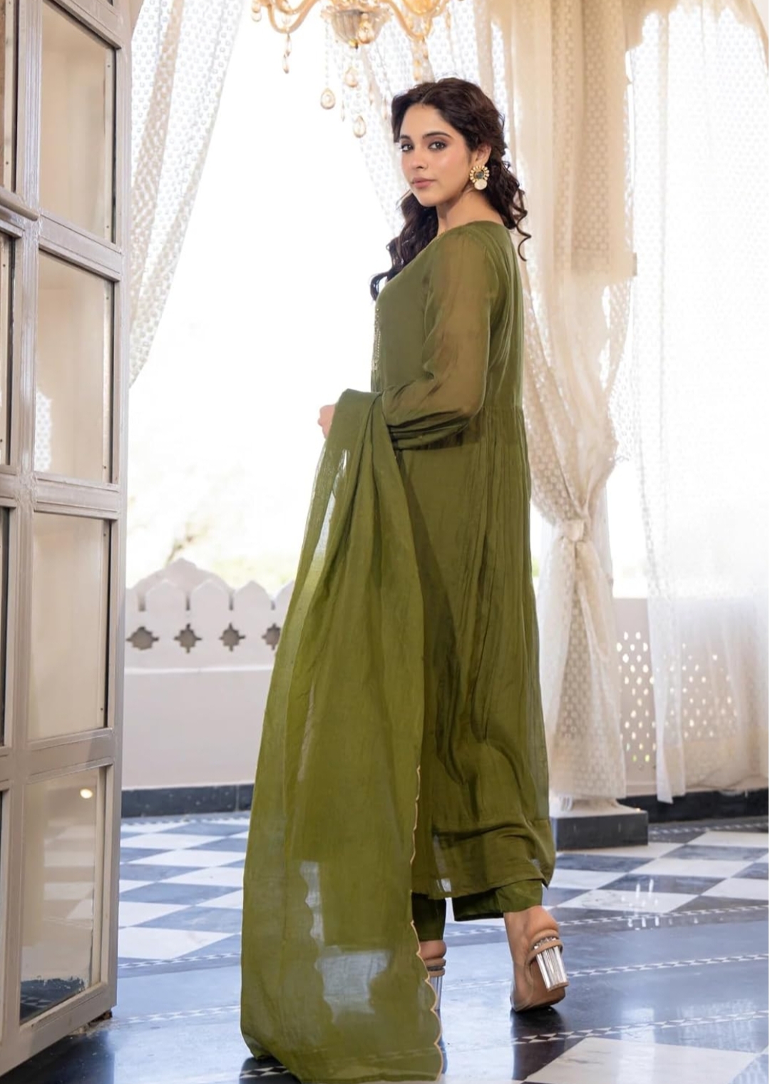 Green Women Embroidery Solid Anarkali Kurta and Pant Set with Dupatta – Sizes S to 5XL - Image 4