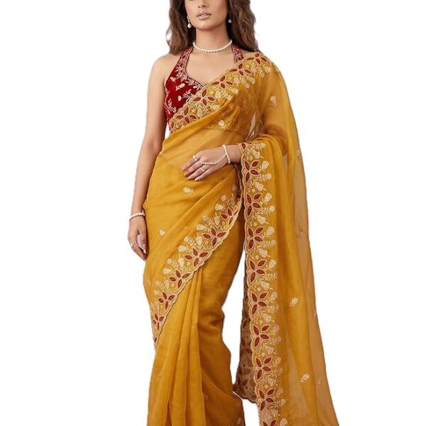 Mustard Embroidered Georgette Saree for Women with Designer Blouse Piece