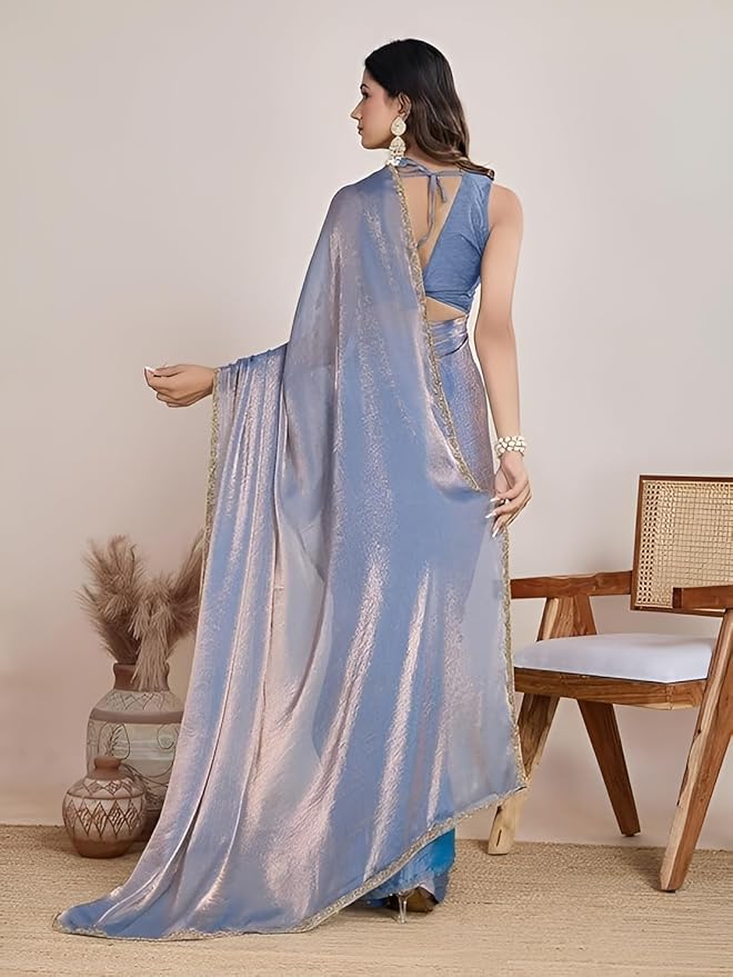 Blue Women’s Soft Fandy Silk Saree with Hand Work Lace Border and Unstitched Blouse Piece - Image 4