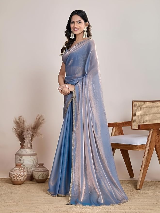 Blue Women’s Soft Fandy Silk Saree with Hand Work Lace Border and Unstitched Blouse Piece - Image 3