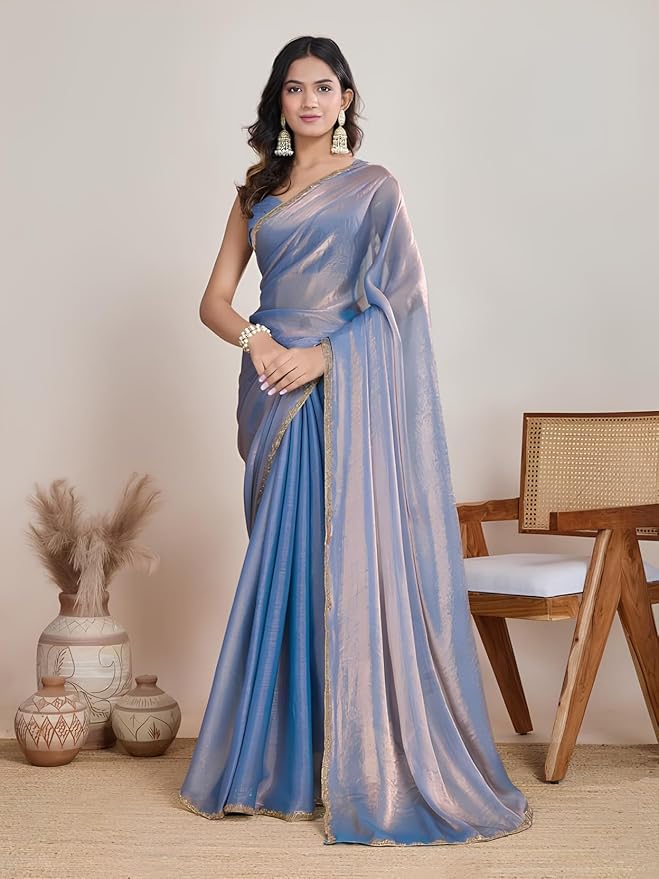 Blue Women’s Soft Fandy Silk Saree with Hand Work Lace Border and Unstitched Blouse Piece - Image 2