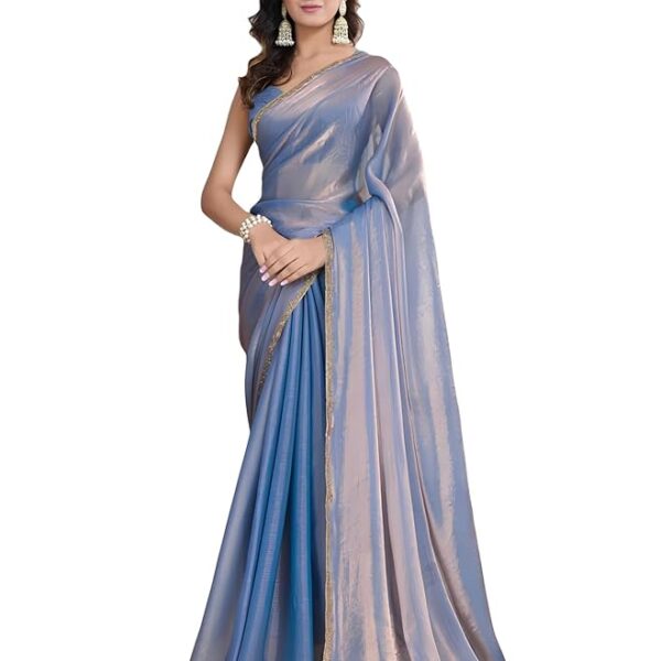 Blue Women’s Soft Fandy Silk Saree with Hand Work Lace Border and Unstitched Blouse Piece
