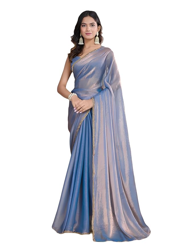 Blue Women’s Soft Fandy Silk Saree with Hand Work Lace Border and Unstitched Blouse Piece