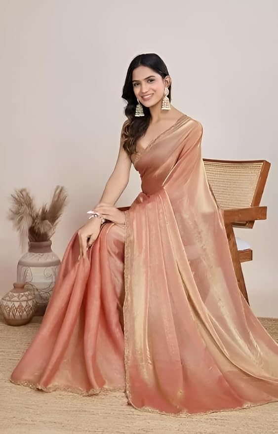 Peach Women’s Soft Fandy Silk Saree with Hand Work Lace Border and Unstitched Blouse Piece - Image 6