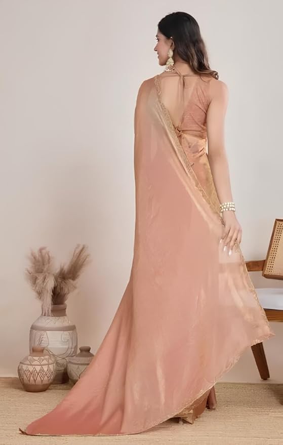 Peach Women’s Soft Fandy Silk Saree with Hand Work Lace Border and Unstitched Blouse Piece - Image 5