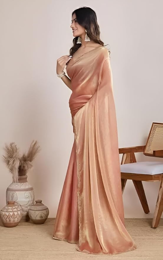 Peach Women’s Soft Fandy Silk Saree with Hand Work Lace Border and Unstitched Blouse Piece - Image 4