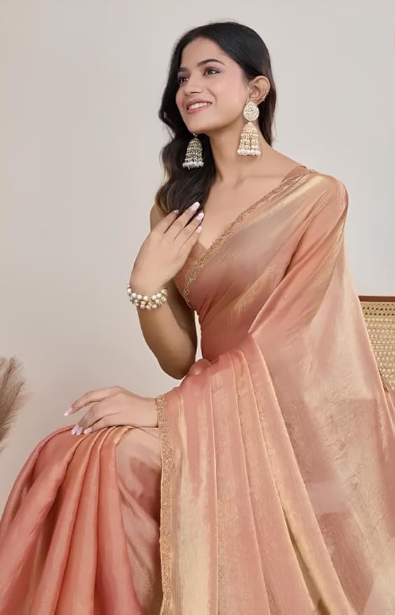Peach Women’s Soft Fandy Silk Saree with Hand Work Lace Border and Unstitched Blouse Piece - Image 3