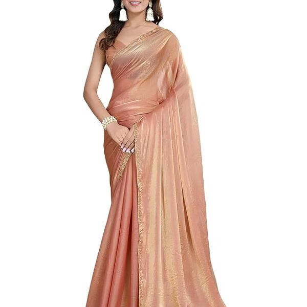 Peach Women’s Soft Fandy Silk Saree with Hand Work Lace Border and Unstitched Blouse Piece