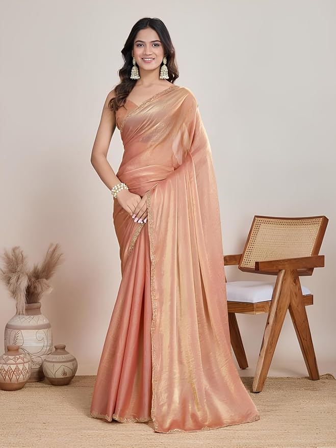 Peach Women’s Soft Fandy Silk Saree with Hand Work Lace Border and Unstitched Blouse Piece - Image 2
