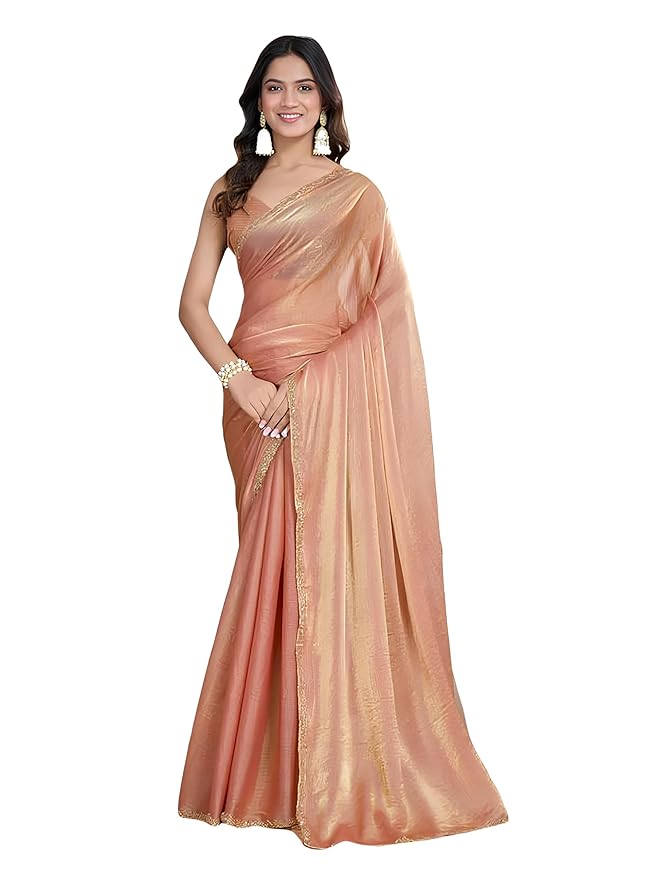 Peach Women’s Soft Fandy Silk Saree with Hand Work Lace Border and Unstitched Blouse Piece