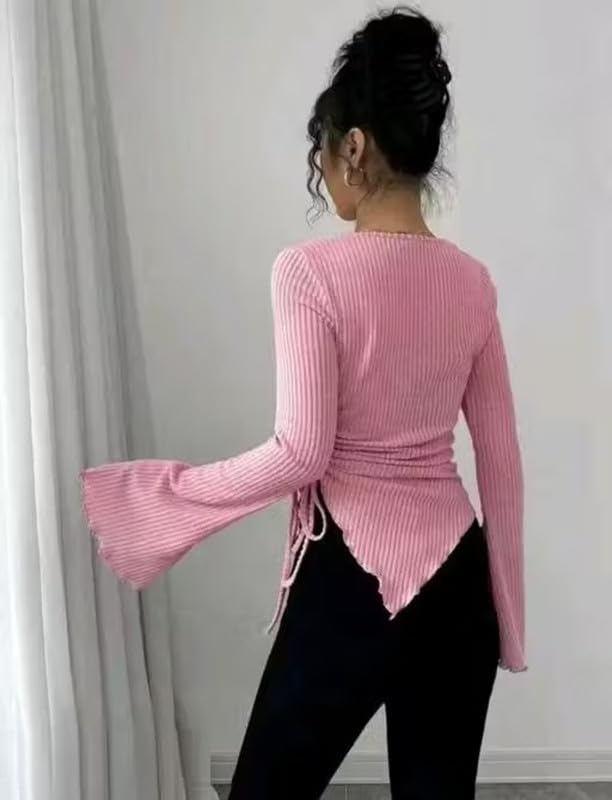 Pink Ribbed Bell Sleeve Round Neck Slim Fit Stretchable Top - Image 2