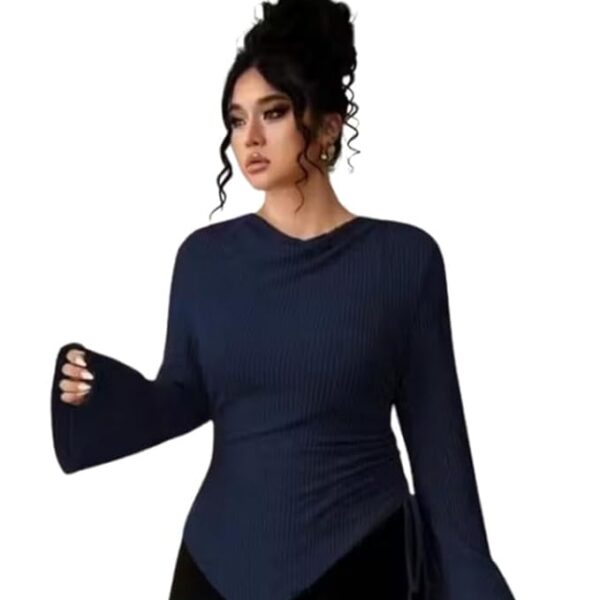 Navy Blue Ribbed Bell Sleeve Round Neck Slim Fit Stretchable Top