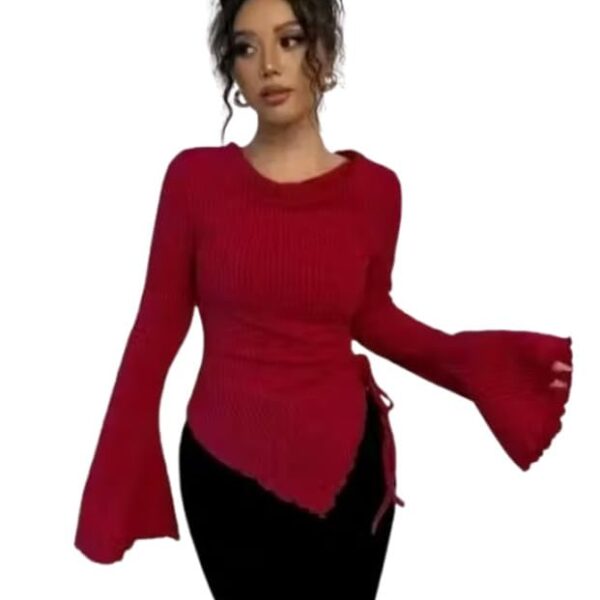 Red Ribbed Bell Sleeve Round Neck Slim Fit Stretchable Top
