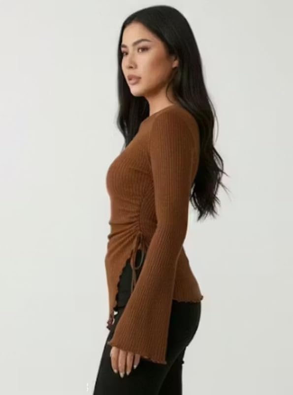 Brown Ribbed Bell Sleeve Round Neck Slim Fit Stretchable Top - Image 2