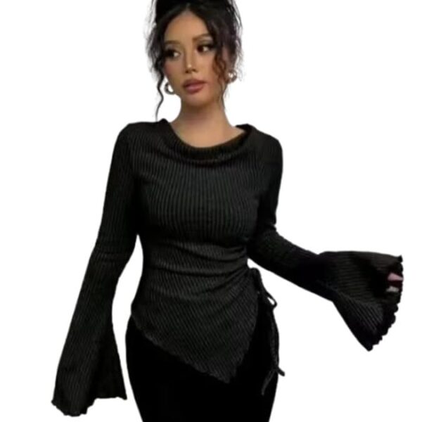 Black Ribbed Bell Sleeve Round Neck Slim Fit Stretchable Top