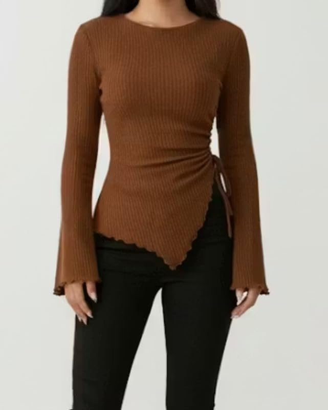 Brown Ribbed Bell Sleeve Round Neck Slim Fit Stretchable Top - Image 3