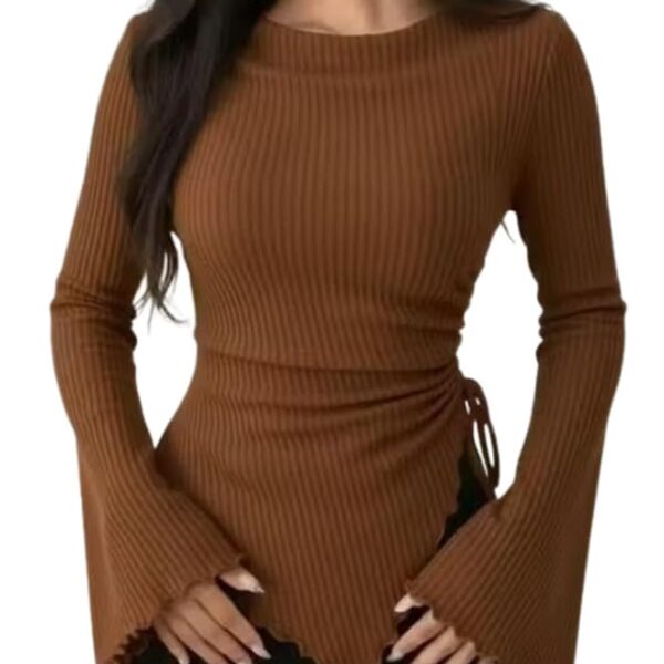 Brown Ribbed Bell Sleeve Round Neck Slim Fit Stretchable Top