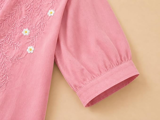 Women’s Embroidered Pink Korean Style Top and Tunic – V Neck, Puff Sleeves, Relaxed Fit - Image 3