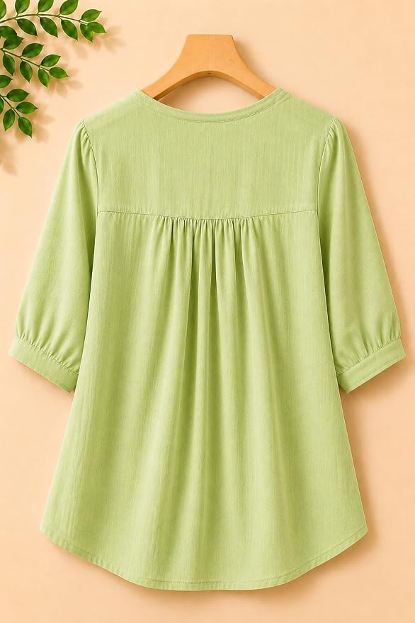 Women’s Embroidered Pista Green Korean Style Top and Tunic – V Neck, Puff Sleeves, Relaxed Fit - Image 6